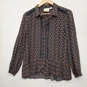 Anthropologie Maeve Size 2 Multicolor Blouse Top Peplum Long Sleeves Neck Tie
